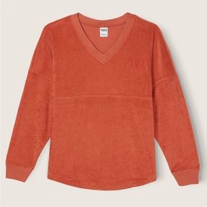 NEW-VICTORIA SECRET PINK VARSITY BEACH TERRY V NECK sweater, size woman XL